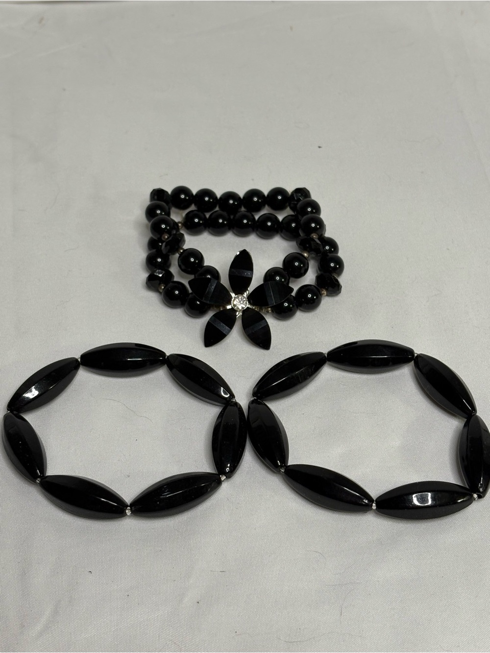 Black Bracelet Lot 3, Flower rhinestone accent, black beaded stretch bracelets